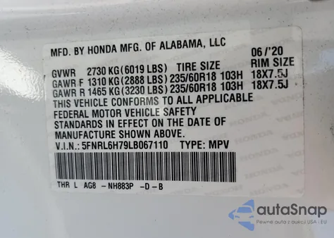 2020 Honda Odyssey Exl из США, поврежденный, VIN 5FNRL6H79LB067110